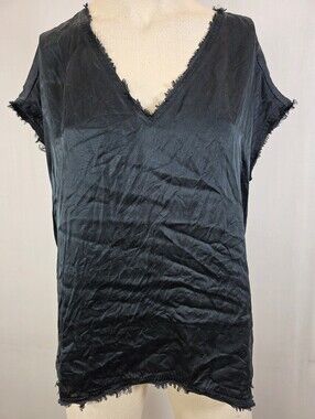 Go by Go Silk Washable 100% Silk Frayed V-Neck Top Black Size S